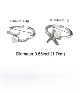 Detailed size and weight infographic for silver starfish and wave pearl rings set