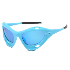 Y2K sporty blue mirrored sunglasses with aerodynamic frame shown in a 45-degree angle view