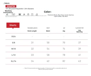 Guide des tailles du short de yoga recyclé taille haute avec détails du tissu et mesures