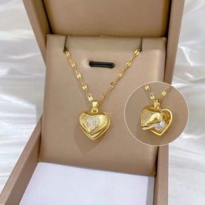 Elegant Heart Locket Necklace For Women Gold Plated Stainless Steel Chain Copper Pendant With Artificial Pearl And Cubic Zirconia