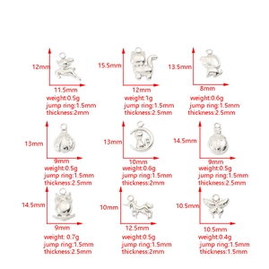 Nine various silver stainless steel animal charms with detailed dimensions and weights