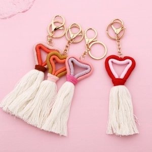 Porte-clés Cœur en Corde de Coton Tissé à la Main Avec Gland Bohème Alliage Fermoir Mousqueton Bijou de Sac pour Femme