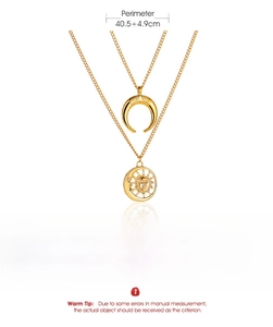 Detailed spec sheet showing layered gold necklace dimensions and weight on white background