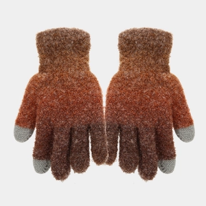 Detail of adult knit gloves with tie-dye gradient faux fur and touchscreen fingertips