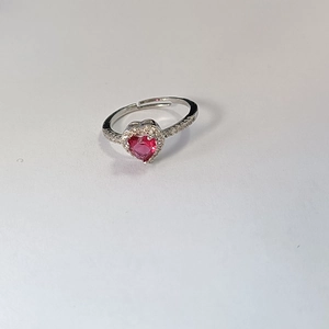 Minimalist adjustable silver ring featuring a sparkling red heart-shaped zircon stone