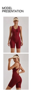 Detail of burgundy V-neck athletic romper showing back cross straps and slim fit cut