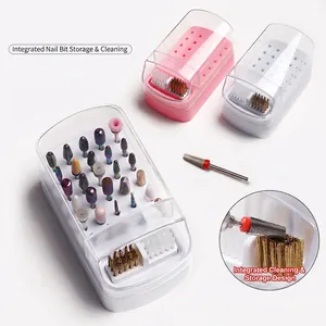 Dual-function 30-hole nail drill bit storage and cleaning case with protective cover