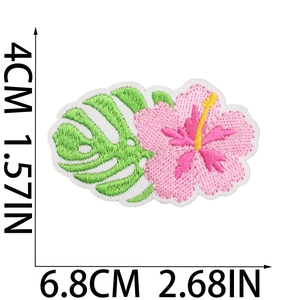 Macro detail of hibiscus flower embroidery patch with dimensions 4cm x 6.8cm