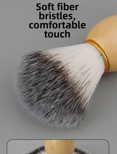 Macro shot of soft two-tone synthetic fiber bristles and wooden handle shaving brush