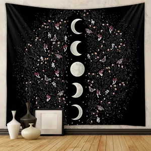 Tapestry Wall Hanging Moon Phase Floral Aesthetic Bohemian Polyester Fabric Mystic Starry Night Botanical Home Decor
