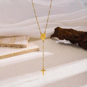 Gold plated stainless steel rosary necklace with oval religious portrait and cross pendant