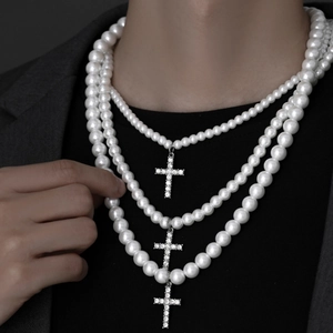 Multi Layer Cross Pendant Necklace Stainless Steel Glass Artificial Pearl Rhinestone Inlaid Hip Hop Luxury Jewelry Men Women