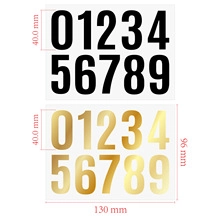 Macro detail of 40mm black and gold number stickers with precise dimension markings
