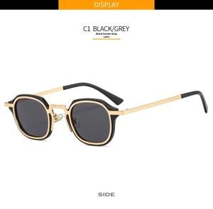 Detailed side view of square metal and PC hybrid sunglasses with gold trim and grey lenses