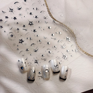 Silver star and moon nail stickers with metallic reflective finish for DIY manicure art