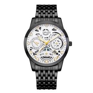 Detailed macro of the ORUSS hollow dial quartz watch with gold hands and black metal strap