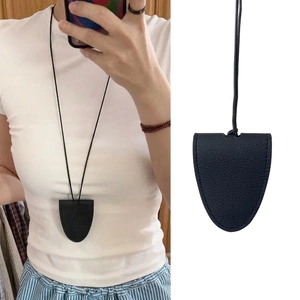 Minimalist black leather neck strap pendant necklace with fine stitching detail