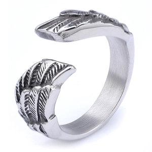 Vintage stainless steel angel wing open ring with detailed feather texture in silver