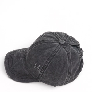 Detail view of distressed washed black cotton baseball cap with ponytail cutout design