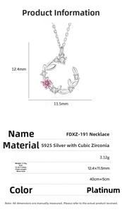 Macro detail of S925 silver floral wreath necklace with pink zirconia and dimensions