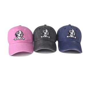 Washed vintage baseball caps with dog embroidery in pink, dark grey and navy blue