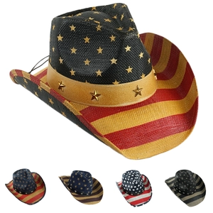 Western Woven Paper Straw Cowboy Hat For Women Men US Flag Pattern Star Studded Sun Protection Summer Beach Fedora Hat