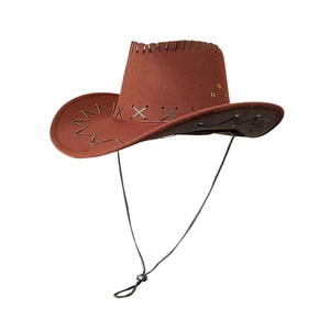 Cappello da cowboy vintage in feltro marrone con tesa larga e cinturino regolabile