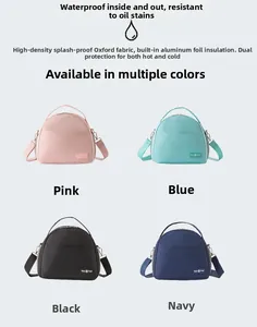 Waterproof oxford cloth detail of insulated lunch bags in pink, blue, black and navy