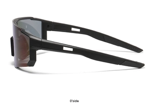 Side view of black ergonomic sports sunglasses with dark grey lenses and streamlined frame