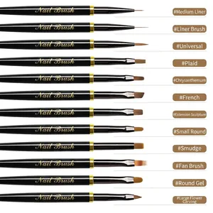 Professional 12pcs nail art brush set with black handles and gold ferrules for manicures