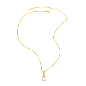 Detail of gold letter a pendant necklace with micro-pave crystals and adjustable chain