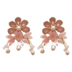 Pink flower earrings with freshwater pearls and tassels in a luxury gold-plated finish