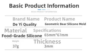 Specifications of geometric bear silicone mold with size 65x67mm and 3mm thickness
