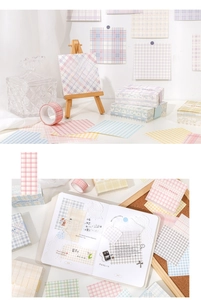 Detail of macaron grid stationery set with washi tape and sticky notes for scrapbooking