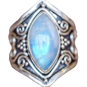 Retro silver wide band ring featuring a marquise-cut moonstone with vintage engravings