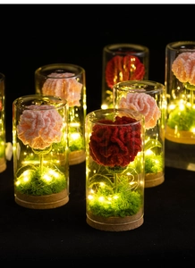 Close-up of handmade crochet carnations with warm LED lights in a glass dome display