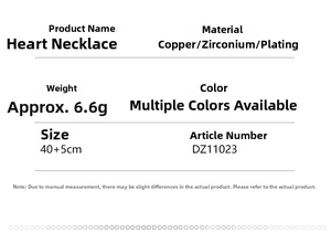 Detailed size and material specification chart for the zircon heart pendant necklace