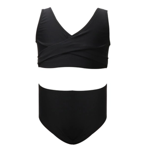 Girls' black two-piece swimsuit set with criss-cross top and high-waisted bottoms