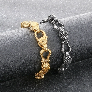 Detailed view of stainless steel wolf head bracelets in gold and silver finish
