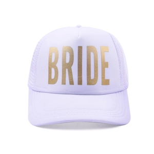 Close-up of white mesh trucker hat featuring elegant gold BRIDE text for wedding parties