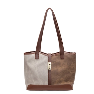 Retro color-block tote bag in brown and taupe with gold buckle and large capacity