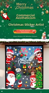 Close-up of festive Christmas window stickers featuring Santa, snowman and tree decals