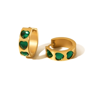 18K gold plated stainless steel hoop earrings with three green heart zircons