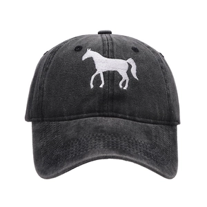 Vintage washed charcoal baseball cap with white horse silhouette embroidery and curved brim