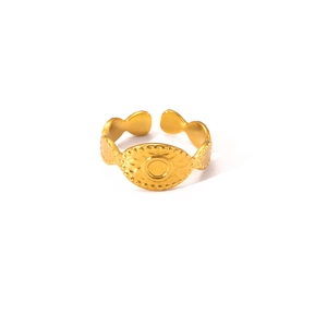 Detailed view of gold titanium adjustable ring with unique circular pattern and wavy edge