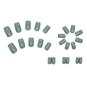 Glossy sage green square round press-on nails set with morandi finish on white background