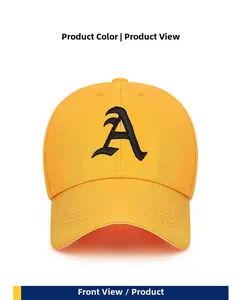 Detailed front view of a yellow baseball cap with black Gothic letter A embroidery