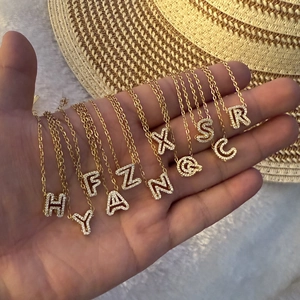 Alphabet Initial Letter Pendant Necklace Gold Plated Stainless Steel Cubic Zirconia Iced Out Clavicle Chain For Women