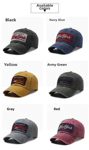 Grid display of vintage washed baseball caps in black, navy, yellow, grey, and red colors