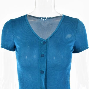 Close-up of blue short-sleeved cardigan with V-neck and transparent knit texture
